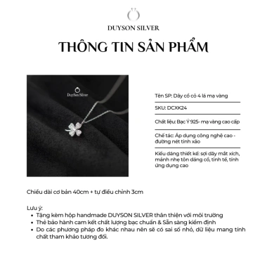 Vòng cổ bạc 925 nữ DUYSON SILVER - Dây chuyền cỏ 4 lá mạ vàng cao cấp, thiết kế tinh tế, giá chỉ 450.000 VND 3 Vòng cổ bạc 925 nữ DUYSON SILVER - Dây chuyền cỏ 4 lá mạ vàng cao cấp, thiết kế tinh tế, giá chỉ 450.000 VND 3