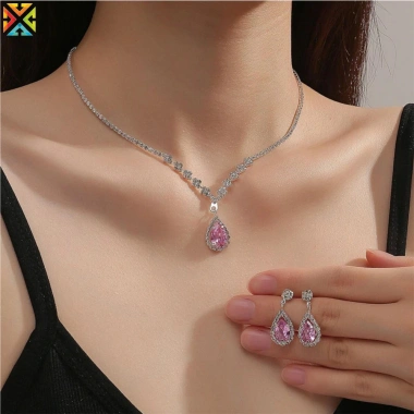 Vòng cổ, bông tai, dây chuyền kim cương giả Giọt Nước Pha Lê – Trang sức cưới nữ