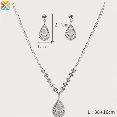 Vòng cổ, bông tai, dây chuyền kim cương giả Giọt Nước Pha Lê – Trang sức cưới nữ
