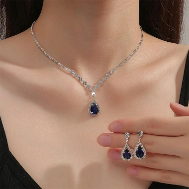 Vòng cổ, bông tai, dây chuyền kim cương giả Giọt Nước Pha Lê – Trang sức cưới nữ