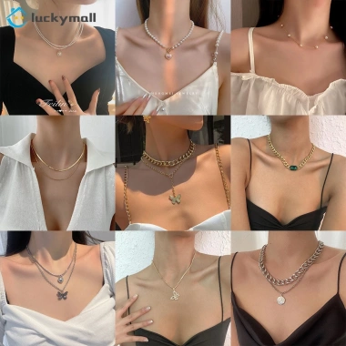 Vòng cổ chuỗi dây vàng nhiều lớp, mặt bướm, đính đá quý giả - Thời trang cá tính nữ
