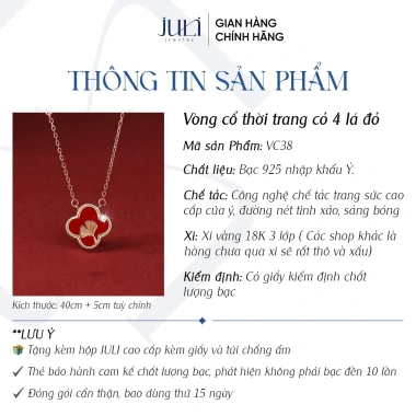 Vòng cổ cỏ 4 lá đỏ May Mắn - Bạc mạ vàng 3 lớp VC38 JULI, giảm giá 250k 2 Vòng cổ cỏ 4 lá đỏ May Mắn - Bạc mạ vàng 3 lớp VC38 JULI, giảm giá 250k 2