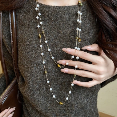 Vòng cổ đá mắt hổ & ngọc trai, dây chuyền xương đòn nhiều lớp - Cá tính, phụ kiện nữ, giá ưu đãi 37.600đ 5