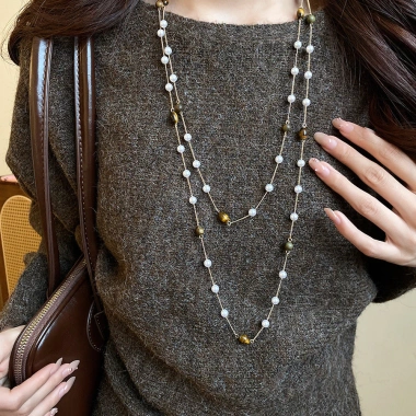 Vòng cổ đá mắt hổ & ngọc trai, dây chuyền xương đòn nhiều lớp - Cá tính, phụ kiện nữ, giá ưu đãi 37.600đ 7