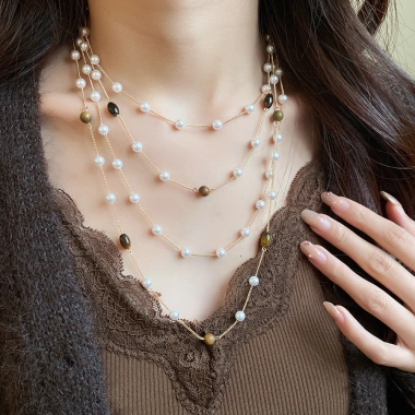 Vòng cổ đá mắt hổ & ngọc trai, dây chuyền xương đòn nhiều lớp - Cá tính, phụ kiện nữ, giá ưu đãi 37.600đ 8
