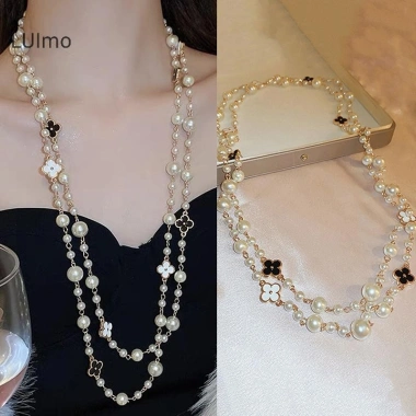 Vòng cổ dài nữ hai lớp mô phỏng ngọc trai - Cổ điển, hạt dây chuyền, quà tặng