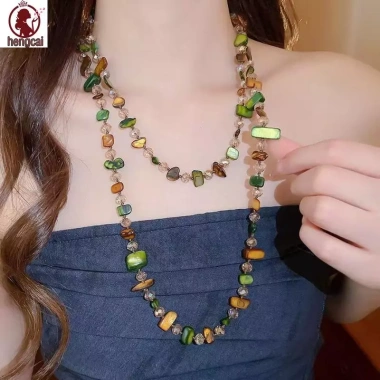 Vòng cổ dài phong cách Bohemian pha lê, đá tự nhiên nhiều màu, xếp lớp cổ điển - Giá ưu đãi 100.540 VND