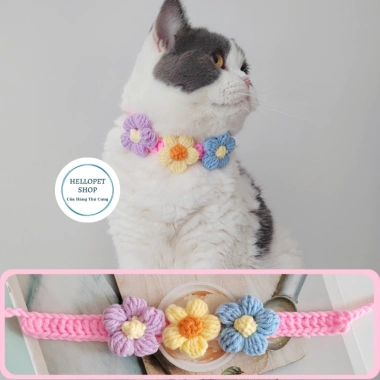 Vòng cổ len nhiều bông hoa dễ thương HELLOPET cho chó mèo, đan tay, điều chỉnh kích thước, giảm giá 29.500₫ 4