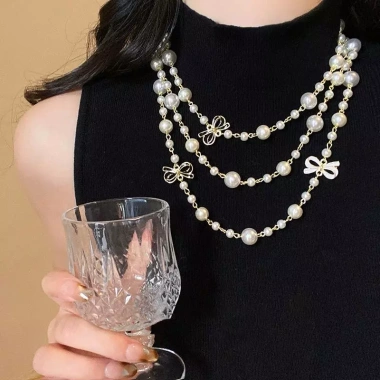 Vòng cổ ngọc trai nơ áo dài nữ, dây chuyền xương đòn dài thanh lịch, phụ kiện truyền thống cao cấp giảm giá