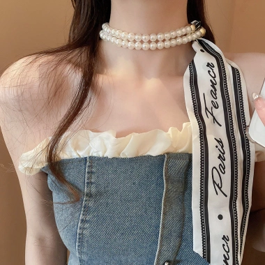 Vòng cổ ngọc trai ruy băng phong cách Pháp, dây chuyền xương đòn thanh lịch, giá 39.999
