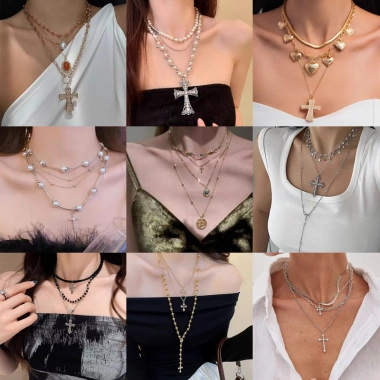 Vòng cổ retro đa tầng mặt chữ thập kim cương - Phụ kiện thời thượng, chỉ 47.000₫