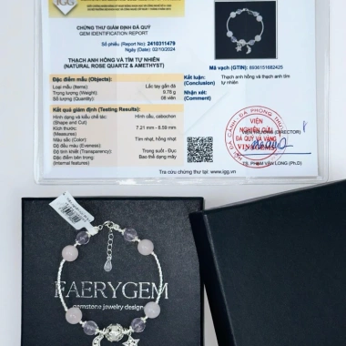 Vòng đá phong thủy FaeryGem Rose Quartz Amethyst - Tình duyên, học tập - Bạc S925, kiểm định