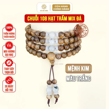 Vòng tay 108 hạt trầm hương & đá phong thủy - Tài lộc, mệnh Kim, Mộc, Thủy, Hỏa, Thổ
