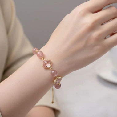 Vòng tay An Duyên Tinh Lộc đá thạch anh hồng + thạch anh dâu thu hút tình duyên, bình an