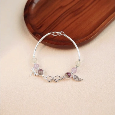Vòng tay bạc 925 nữ nơ Coquette 6 đá phong thủy tự nhiên – Charm xinh xắn Jew40