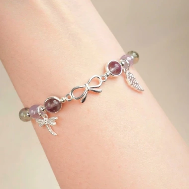 Vòng tay bạc 925 nữ nơ Coquette 6 đá phong thủy tự nhiên – Charm xinh xắn Jew40