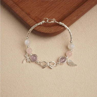 Vòng tay bạc 925 nữ nơ Coquette 6 đá phong thủy tự nhiên – Charm xinh xắn Jew40
