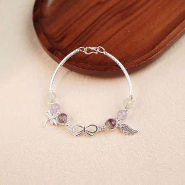 Vòng tay bạc 925 nữ nơ Coquette 6 đá phong thủy tự nhiên – Charm xinh xắn Jew40