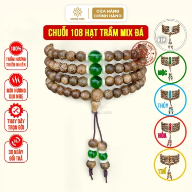 Vòng tay chuỗi 108 hạt Trầm Hương Sơn Mộc Hương + đá phong thủy, may mắn mọi mệnh - 399.500₫