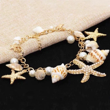 Vòng tay lắc tay sao biển ốc mix hạt, charm du lịch Bohemian phụ kiện chụp hình