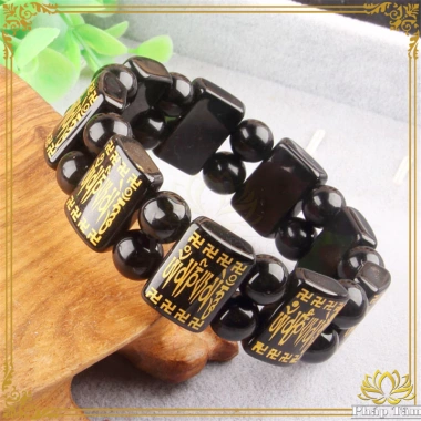 Vòng tay phong thủy đá obsidian đen mặt vuông khắc lục tự đại minh chú - giảm giá 369.000 VND