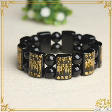 Vòng tay phong thủy đá obsidian đen mặt vuông khắc lục tự đại minh chú - giảm giá 369.000 VND