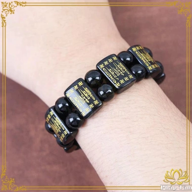 Vòng tay phong thủy đá obsidian đen mặt vuông khắc lục tự đại minh chú - giảm giá 369.000 VND