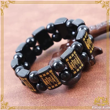 Vòng tay phong thủy đá obsidian đen mặt vuông khắc lục tự đại minh chú - giảm giá 369.000 VND