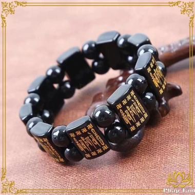 Vòng tay phong thủy đá obsidian đen mặt vuông khắc lục tự đại minh chú - giảm giá 369.000 VND