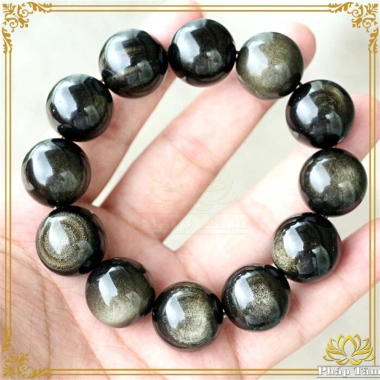 Vòng Tay Phong Thủy Đá Obsidian Núi Lửa Hạt Tròn Vân Vàng Đen - Giá Ưu Đãi 349k