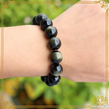 Vòng Tay Phong Thủy Đá Obsidian Núi Lửa Hạt Tròn Vân Vàng Đen - Giá Ưu Đãi 349k