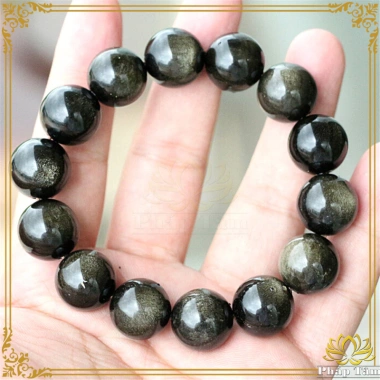 Vòng Tay Phong Thủy Đá Obsidian Núi Lửa Hạt Tròn Vân Vàng Đen - Giá Ưu Đãi 349k