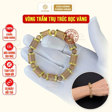 Vòng tay trầm hương trụ trúc bọc vàng Sơn Mộc Hương - Phong thủy may mắn, giảm 329k
