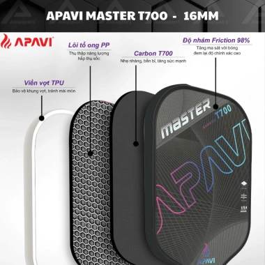 Vợt Pickleball Apavi MASTER Đen 100% Carbon T700 dày 16mm - Đánh tấn công, giá 619.000₫