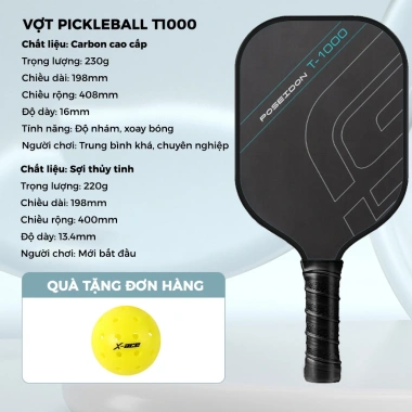 Vợt Pickleball Carbon T1.000 16mm - Thi đấu trong nhà và ngoài trời, chuẩn quốc tế, tặng 1 bóng