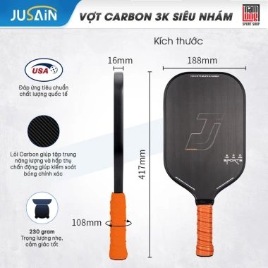 Vợt Pickleball JUSAIN Carbon 3K Siêu Nhám Trợ Lực Cao Cấp - Giá 600k