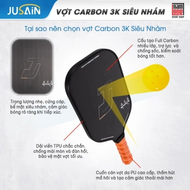 Vợt Pickleball JUSAIN Carbon 3K Siêu Nhám Trợ Lực Cao Cấp - Giá 600k