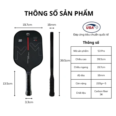 Vợt Pickleball QIS S3 Pro Carbon 3K Mặt Nhám – Bóng Cực Chuẩn, Bảo Hành 12 Tháng, Giá 880k
