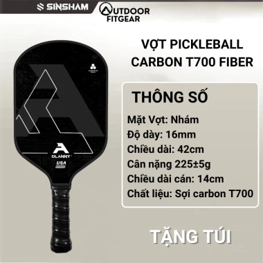 Vợt Pickleball SINSHAM Carbon T700 16mm Nhám, Tay Cầm Da, Tặng Túi Đựng