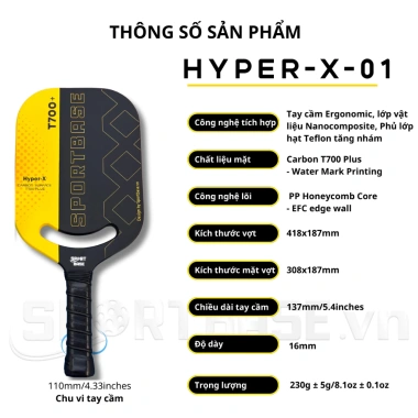 Vợt Pickleball Sportbase Hyper-X-01 Carbon T700 Plus mặt nhám tăng xoáy - Công thủ chuyên nghiệp, giá ưu đãi 2.49 triệu