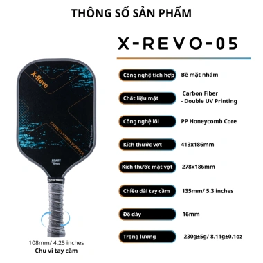 Vợt Pickleball Sportbase X-Revo-05 Carbon Fiber cao cấp, lõi tổ ong giảm rung - Giá chỉ 1.58 triệu