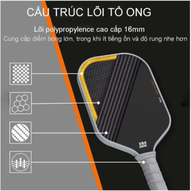 Vợt Pickleball T700 mặt nhám 16mm phủ carbon siêu nhẹ tặng 2 bóng luyện tập