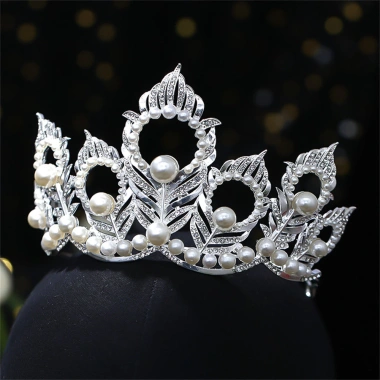 Vương miện bạc Baroque công chúa trưởng thành lá họa tiết kim cương giả phù dâu cô dâu