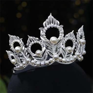 Vương miện bạc Baroque công chúa trưởng thành lá họa tiết kim cương giả phù dâu cô dâu