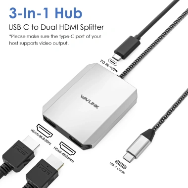 Wavlink Bộ Chia USB-C 2 HDMI 8K/4K 120Hz 60Hz 30Hz và Sạc Nhanh 95W Hub HD 2.1