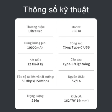 WiFi 6 Di Động UltraNet JS018 - Kết Nối Mạnh, Mượt, Phù Hợp Học Online, Làm Việc Từ Xa, Giá Ưu Đãi 838.000₫