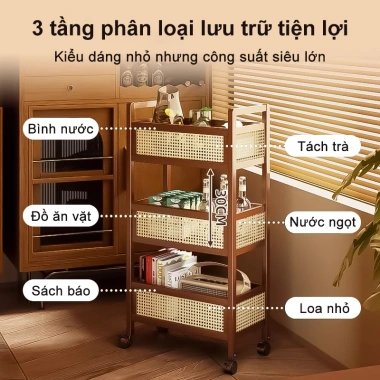 WoodLand Xe Đẩy Đa Năng 3 Tầng Bánh Xe Linh Hoạt - Thiết Kế Tre Tự Nhiên, Kệ Gỗ Đan Mây 319.000 VND 3