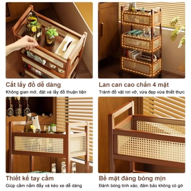 WoodLand Xe Đẩy Đa Năng 3 Tầng Bánh Xe Linh Hoạt - Thiết Kế Tre Tự Nhiên, Kệ Gỗ Đan Mây 319.000 VND 5