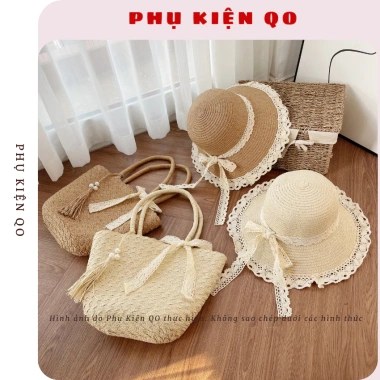 XẢ HÀNG Combo Túi Cói & Mũ Cói Biển Rộng Vành Sóng Phối Nơ - Siêu Nhẹ Giá 59.999đ