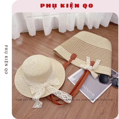 XẢ HÀNG Combo Túi Cói & Mũ Cói Biển Rộng Vành Sóng Phối Nơ - Siêu Nhẹ Giá 59.999đ